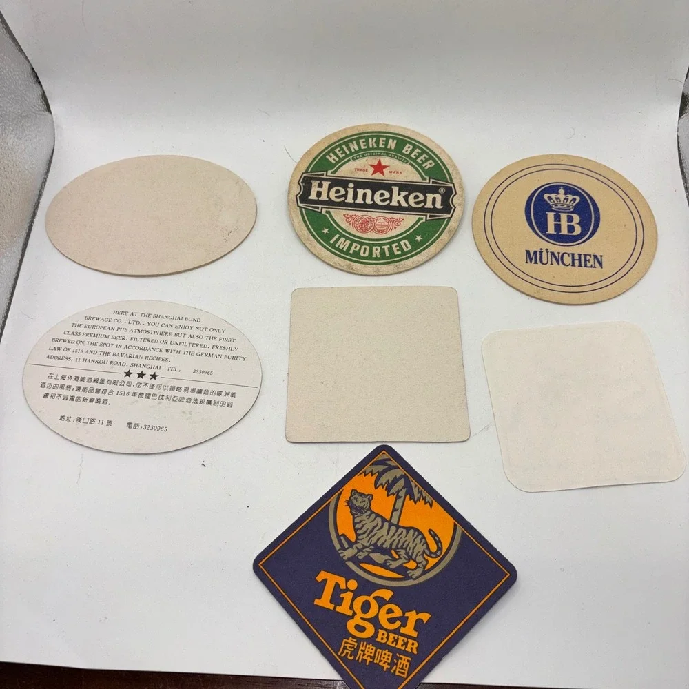 Vintage‎ Beer Coaster Lot 7pc Heineken Paulaner HB Singha Tiger Bacardi Barware